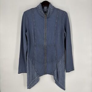 XCVI Mind Set Jacket Womens Large Blue Zip Front Ruffle Collar Asymmetrical